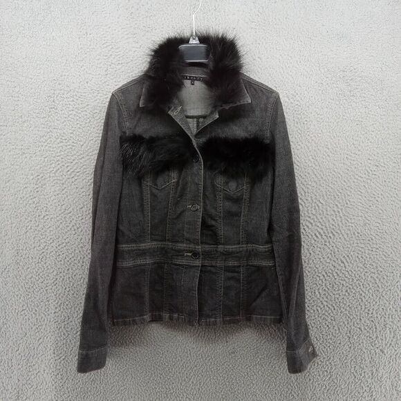 Theory Denim Jacket Womens Small Charcoal Gray Button Closure Faux Fur Trim‎ - Picture 1 of 6